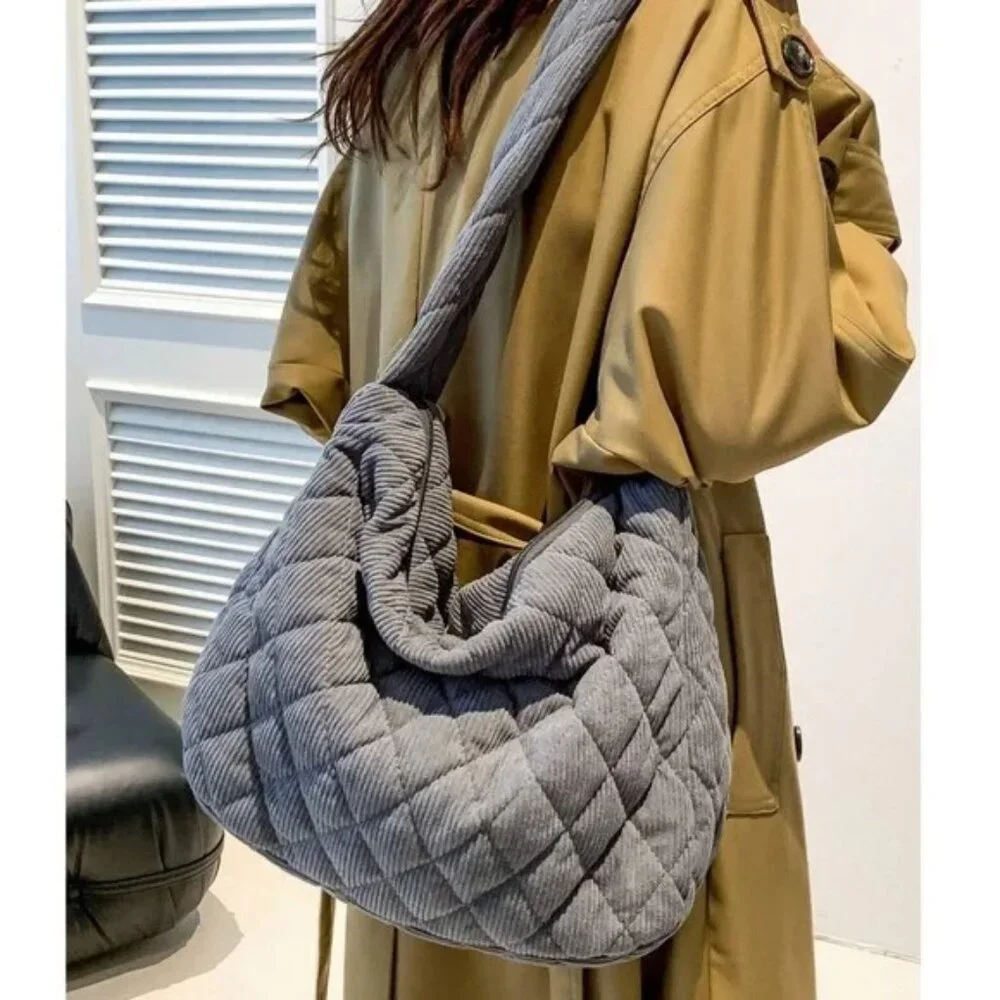 Luxe Quilted Corduroy Puffer Messenger Shoulder Crossbody Travel Bag